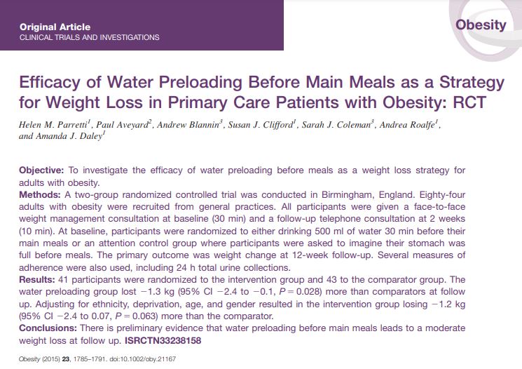 Consuming two glasses of water (500 ml) 30 min before main meals could help facilitating weight loss in adults with obesity.

Find out more in this study by <a href="/helen_parretti/">Helen Parretti</a> and colleagues: onlinelibrary.wiley.com/doi/full/10.10…  #hydrationscience