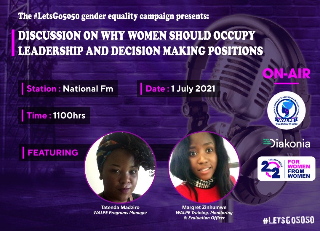 Women's Academy for Leadership (@walpeacademy) on Twitter photo Tomorrow (1 July 2021) <a href="/WalpeAcademy/">Women's Academy for Leadership</a> will be live on National FM at 11am discussing the #LetsGo5050 gender equality leadership campaign & will also deliberate on the importance of why women should occupy leadership & decision making positions.
#ChinaChemadzimai
#LetHerLead Tomorrow (1 July 2021) <a href="/WalpeAcademy/">Women's Academy for Leadership</a> will be live on National FM at 11am discussing the #LetsGo5050 gender equality leadership campaign & will also deliberate on the importance of why women should occupy leadership & decision making positions.
#ChinaChemadzimai
#LetHerLead