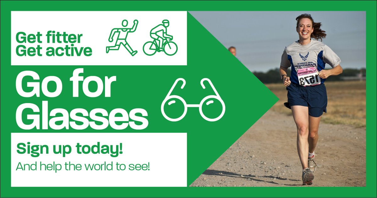 Do good
Feel good
Go For Glasses!
1.2 billion people worldwide cannot see properly simply because they need glasses. 
You can help them by taking part in our DIY virtual challenge - Go For Glasses.
Sign up today
visionaidoverseas.org/go-for-glasses
👓🏃🏾🚴🏽🏊
#givingback = #fitnessmotivation