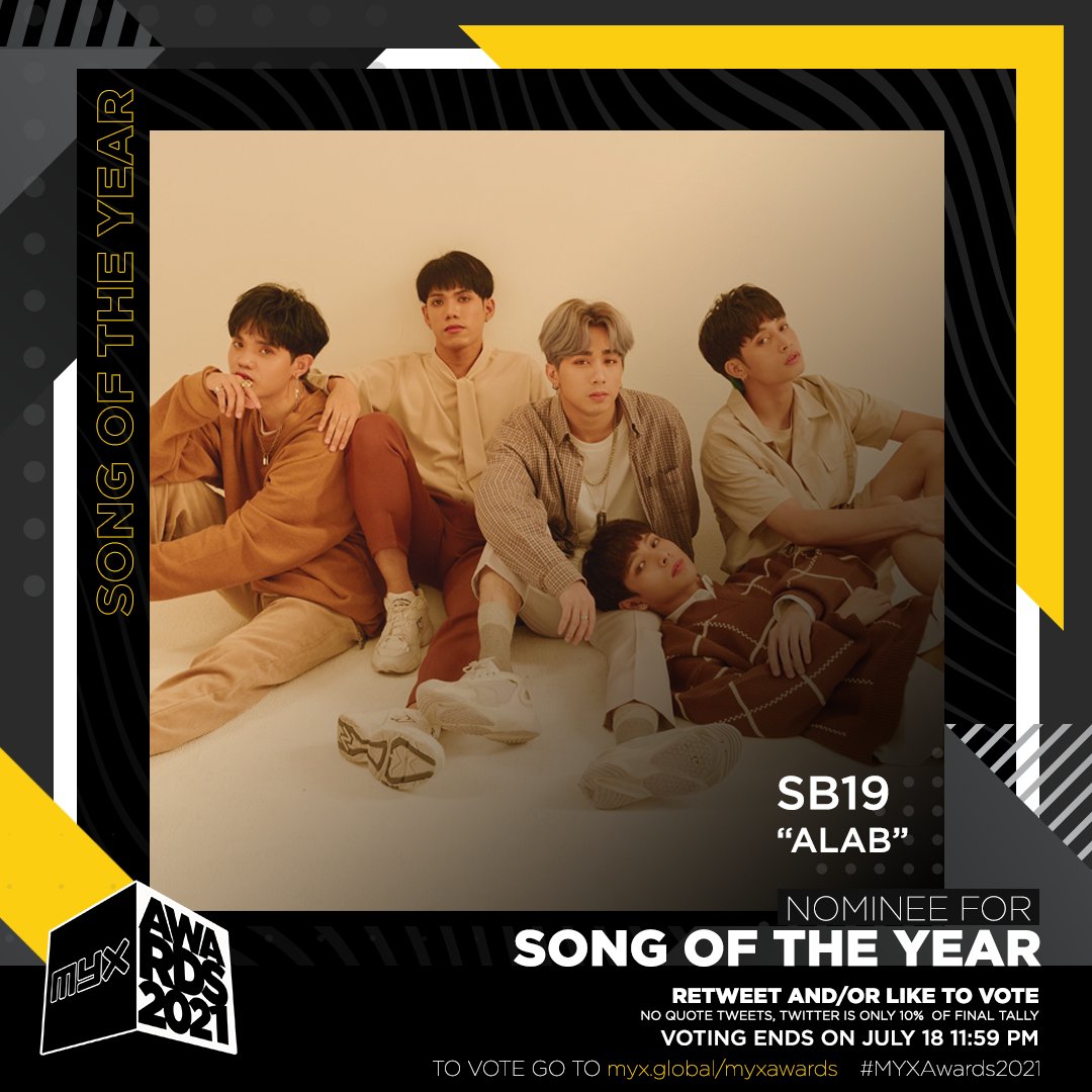 myxglobal's tweet image. ❗️RETWEET AND/OR LIKE TO VOTE❗️

“Alab” - @SB19Official       
Song Of The Year
#MYXAwards2021

📌 Quote Tweets DO NOT count
📌 Voting ends on July 18
📌 Twitter is only 10% of final tally

myx.global/myxawards