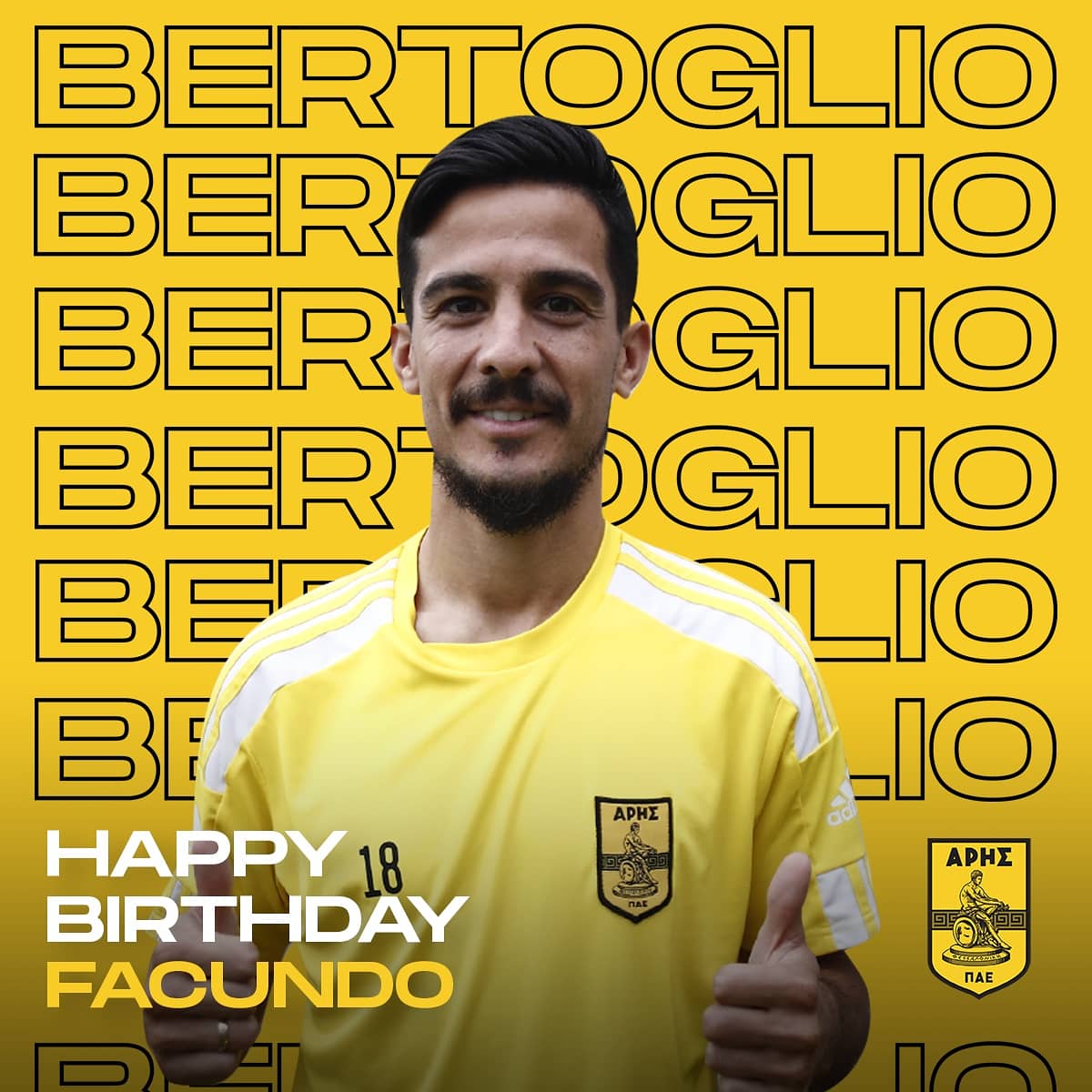 ARIS__FC's tweet photo. 🎂: Σήμερα είναι τα γενέθλια του Facundo Bertoglio!
💛🖤⚽️🇦🇷🎆🎁👏
#ARISFC #Bertoglio #HappyBirthday #ARISFamily https://t.co/Da08gRCRcW