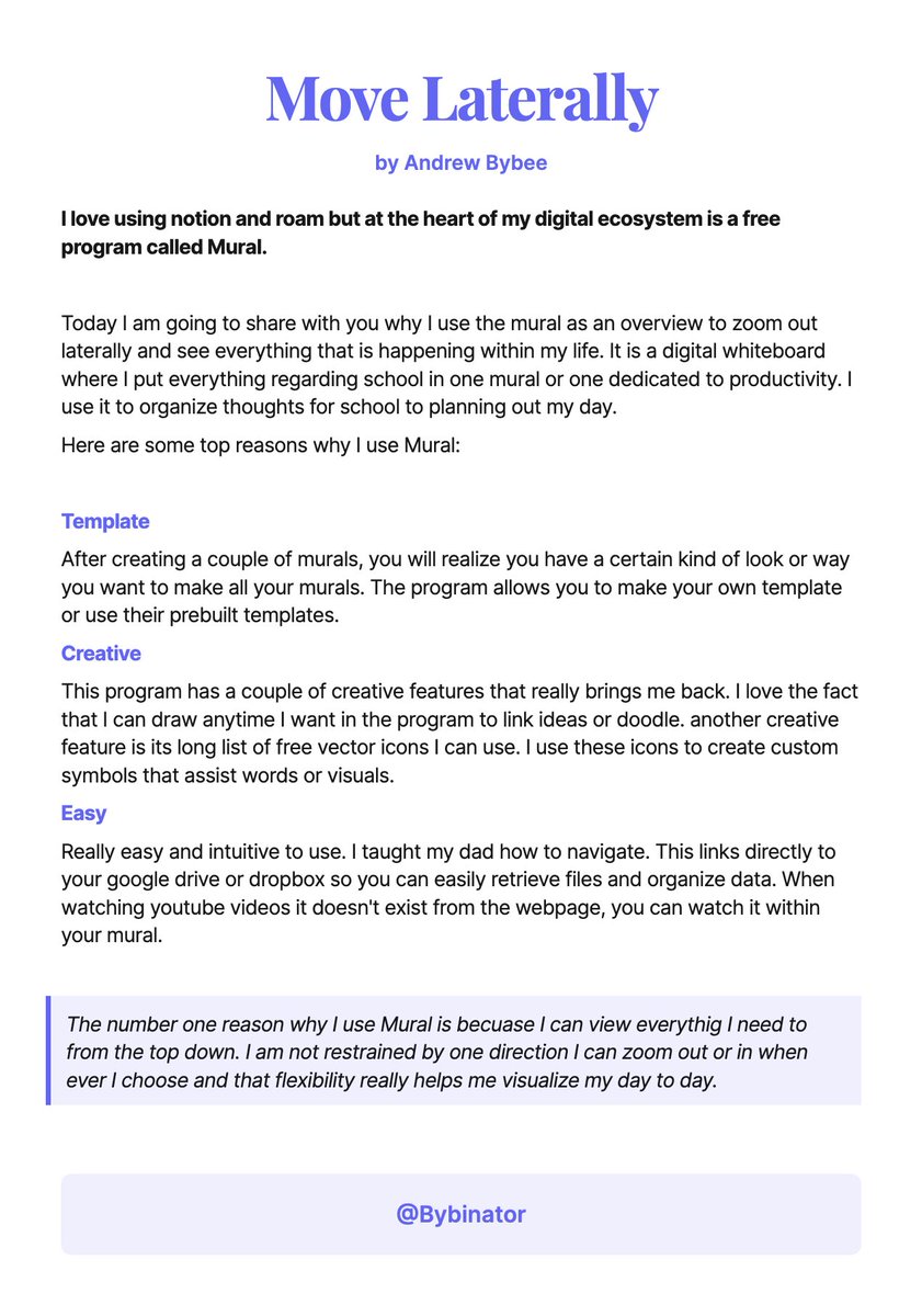Bybinator's tweet photo. What's at the heart of your digital ecosystem?

For me, it's a program called Mural. 

Heres why:
#ship30for30 https://t.co/1qXMyhiHcG