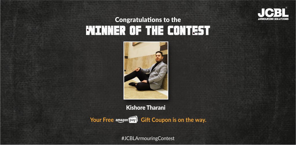 Congratulations to Kishore Tharani on winning contest of the month.

Kindly share your contact details so that our team can get in touch.

Thank you everyone for participating.

#WINNER  #JCBLArmouring #Builtwithpassion