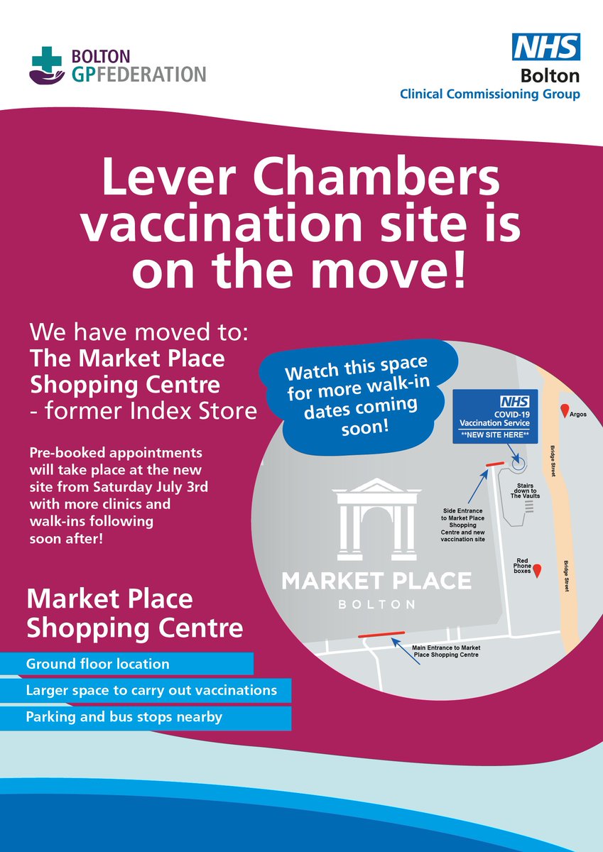 From Saturday July 3, town centre #vaccinations will be at the Market Place Shopping Centre, #Bolton (ground floor).

More services for the new site will follow, but pre-booked appointments only this Saturday.
@BoltonCCG <a href="/TeamBoltonYouth/">Play and Youth Bolton</a> <a href="/sharecarebolton/">Bolton Shared Care</a> <a href="/fosterinbolton/">Foster with Bolton</a>