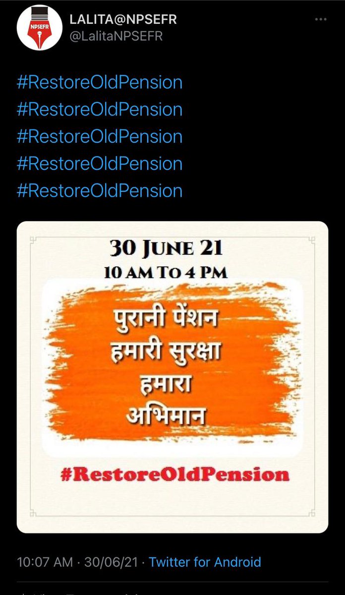 #RestoreOldPension
<a href="/PMOIndia/">PMO India</a> <a href="/AmitShah/">Amit Shah</a> <a href="/JPNadda/">Jagat Prakash Nadda</a> <a href="/rajnathsingh/">Rajnath Singh</a> <a href="/zeerajasthan_/">ZEE Rajasthan</a> <a href="/Rajasthan_Tak/">Rajasthan Tak</a> <a href="/aajtak/">AajTak</a> <a href="/ndtvindia/">NDTV India</a> 
पुरानी पेंशन लागू करो एनपीएस सिस्टम हटाओ