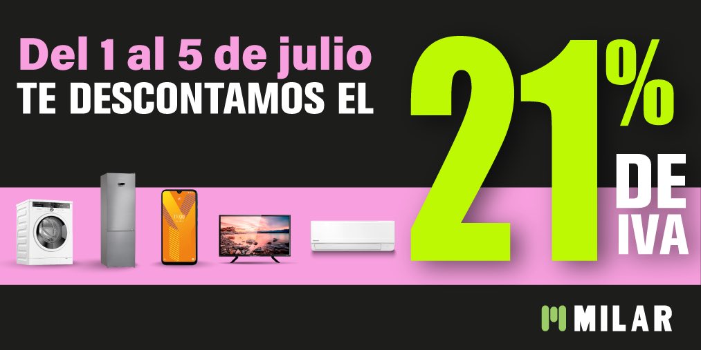 MilarFCGranada's tweet photo. 📣 ATENCIÓN 📣 Del 1 al 5 de Julio llegan los días SIN IVA a MilarFotocinegranada, con una selección de las mejores marcas de electrodomésticos SIN IVA. ¿A qué esperas? 
.
#benidorm #altea #alfazdelpi #calpe #villajoyosa 
#polop #lanucia #callosadensarria #aniversario 
#50años https://t.co/w1pbv90ghj