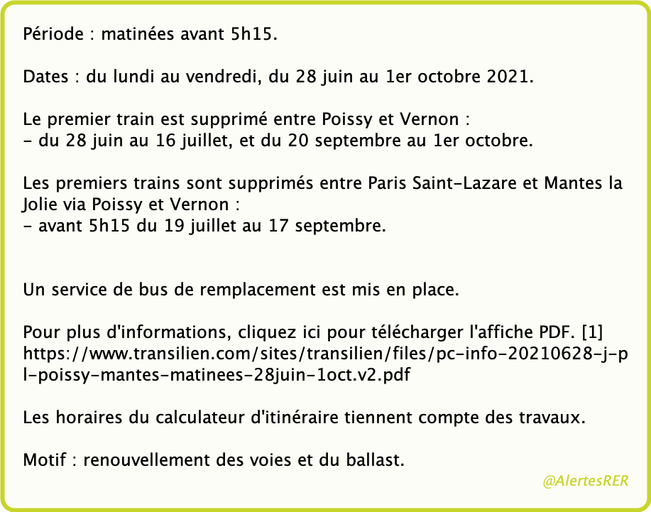 AlertesRER's tweet photo. 🚧Ⓙ (1)

Ligne J : Paris-Poissy-Mantes du 28/06 au 01/10

☞ Ligne J : Paris-Poissy-Mantes du 28/06 au 01/10

#LigneJ
(SNCF - 30/06/21 09:34) https://t.co/E8Ns8q76W4