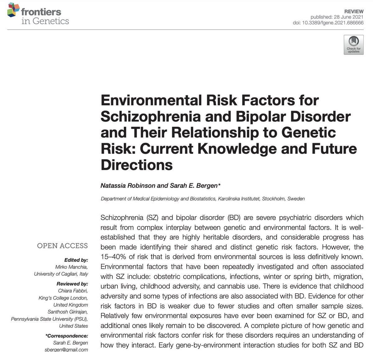 We explore environmental exposures (cannabis, migration, winter/spring birth, obstetric complications, infections, urban living, adversity) for #schizophrenia &amp; #bipolardisorder &amp; interactions with genetic risk in our recent (open access) review: frontiersin.org/articles/10.33…