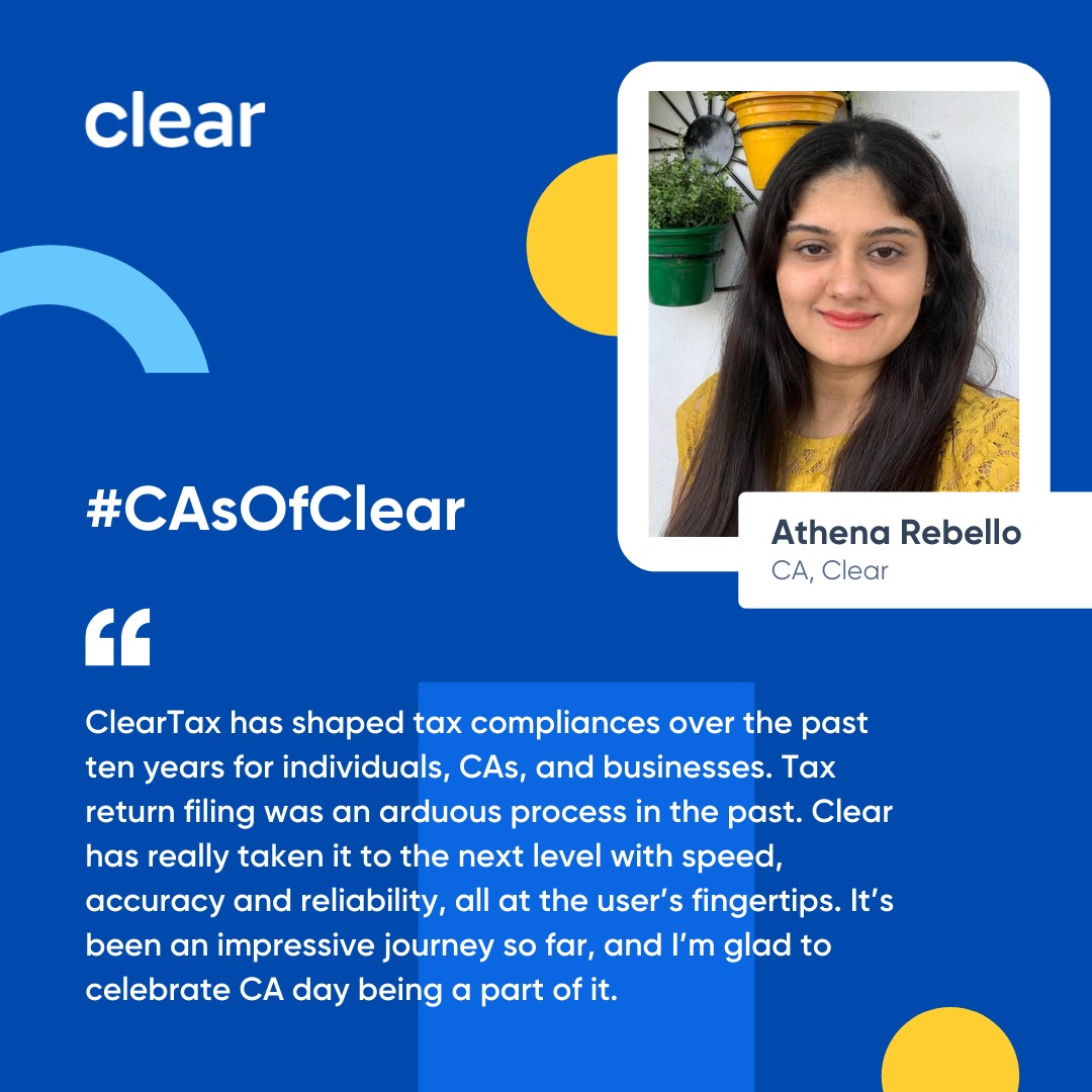 gst_clear's tweet image. In light of CA Day on July 1st, we're celebrating the CAs of Clear. In this series, we've tried to capture the motivating stories of our in-house CAs, the heroes who keep the show going at Clear. Here's our first CA, Athena Rebello. 

#BuildingClear #ClearfromClearTax #CADay