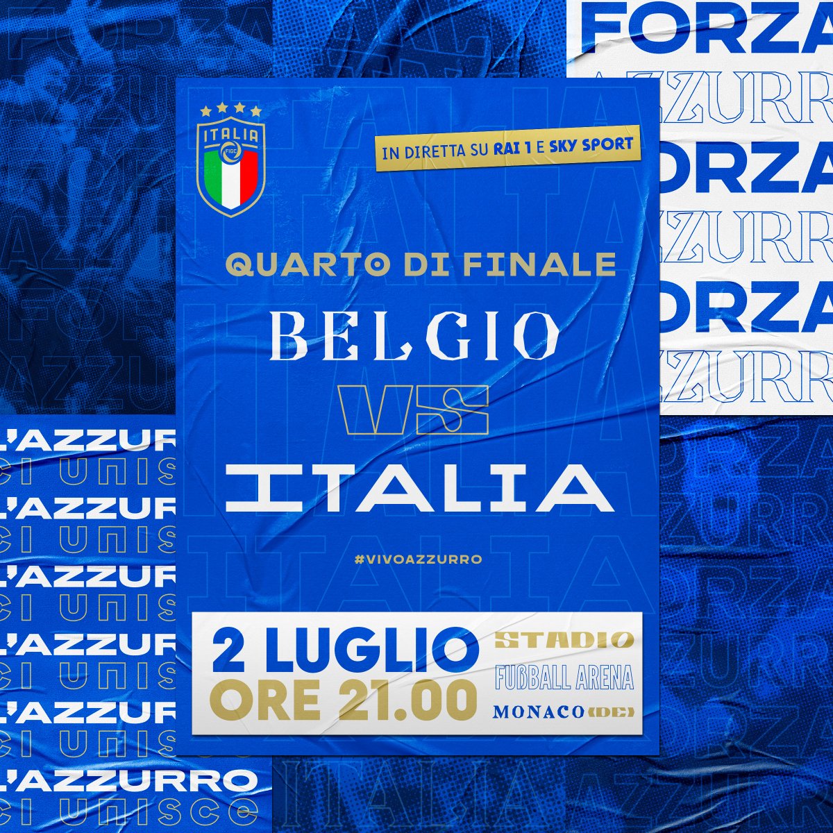#EURO2020 🇪🇺 

🇧🇪 #Belgio 🆚 🇮🇹 #Italia

⏱️ Oggi, h 21.00
🏟️ #FußballArena - #MonacoDiBaviera
⚽️ Quarti di finale
📺 In diretta su #Rai1 e #SkySport 

#Azzurri #VivoAzzurro
#ITA #Nazionale
#BELITA #BelgioItalia