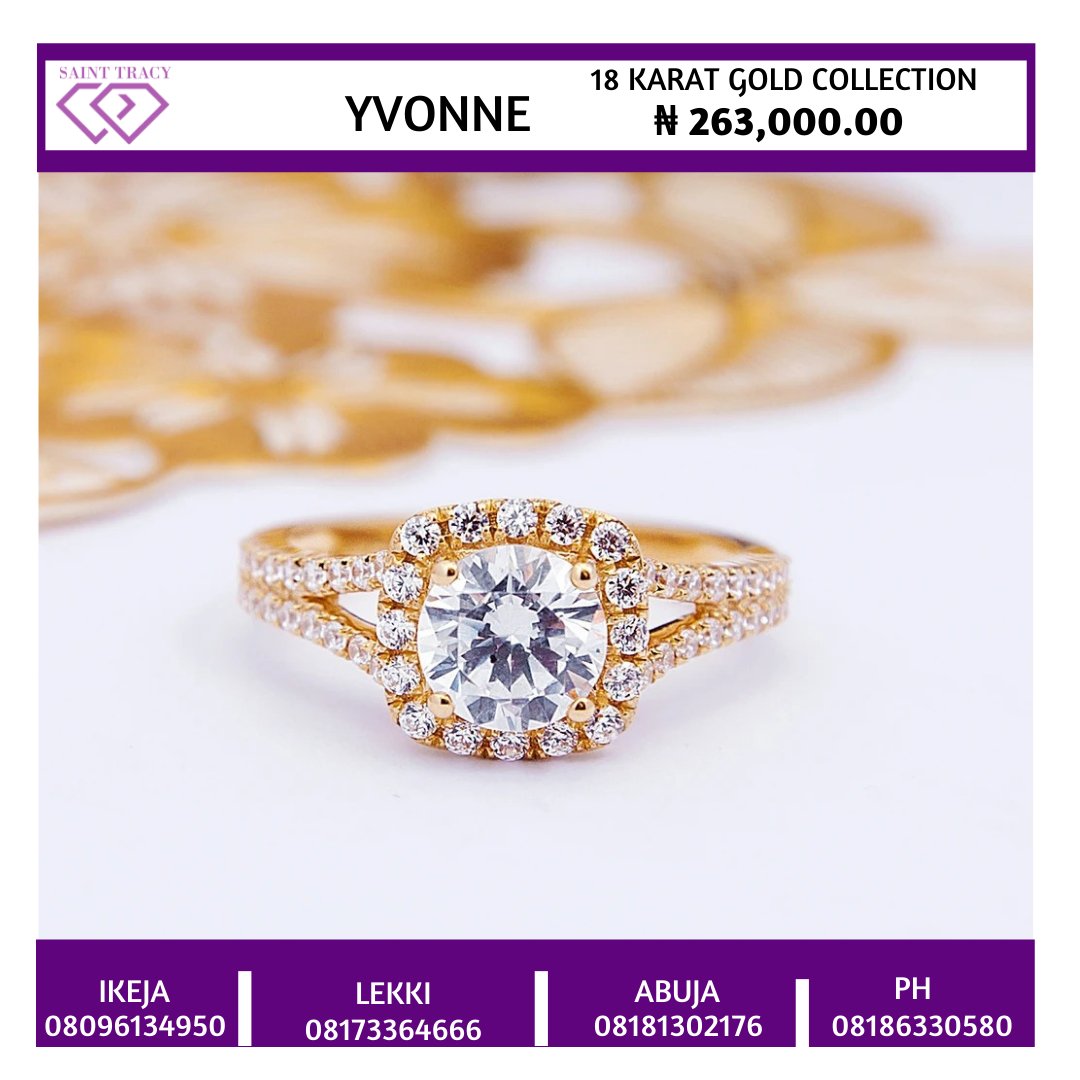 Put the sparkle in her eyes with this uniquely crafted 18karat yellow gold engagement ring with cubic zirconia. Comes with a free one year maintenance.

Price:N263,000/$585

Follow our silver page <a href="/sainttracy/">tracy</a>.silver and our diamond page <a href="/sainttracy/">tracy</a>.diamonds for more exclusive con