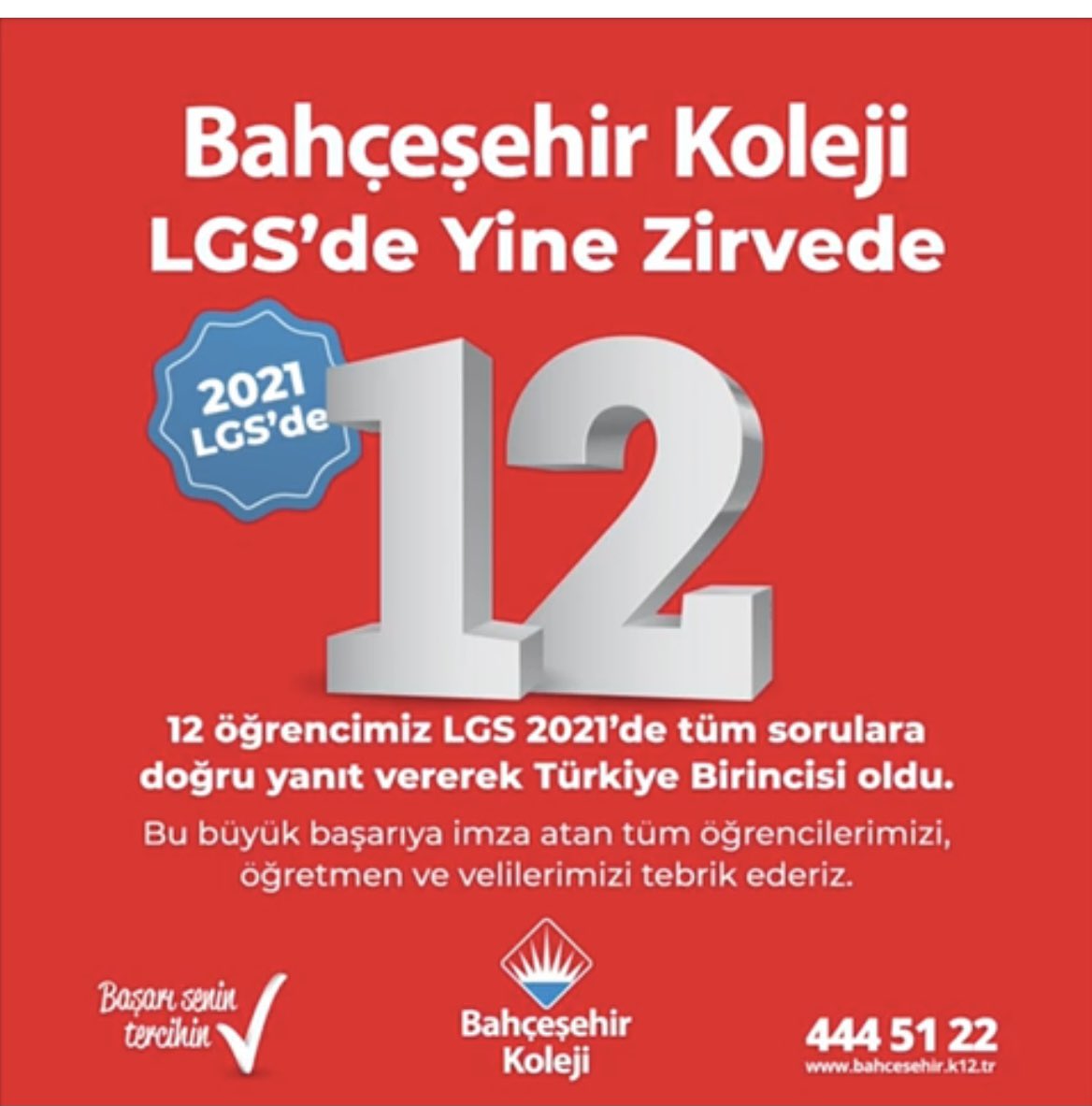 #lgs2021 ‘de 
Türkiye geneli 97 Birinciden 12’si Bahçeşehir Kolejinden!

#BahçeşehirKoleji #LgsdeZirvede