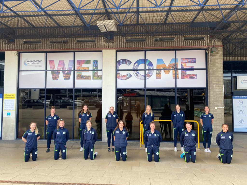 IrishWomensCric's tweet photo. The Ireland Women's XI Squad arrived safely in Manchester this morning ahead of their match against Lancashire Women at Old Trafford tomorrow. 

We will share details of the live stream and scoring as soon as we can!

Go well team! ☘️ 🏏 https://t.co/nhOKJXoy4M