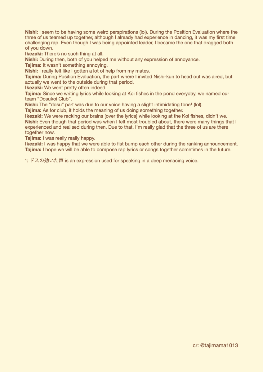 [TRANS] 20210630 Weekly 📺 Guide: 10,000 Words Interview 
Shogo x Hiroto x Rihito CrossTalk
P.S Translation may contain inaccuracies
#田島将吾 #西洸人 #池崎理人