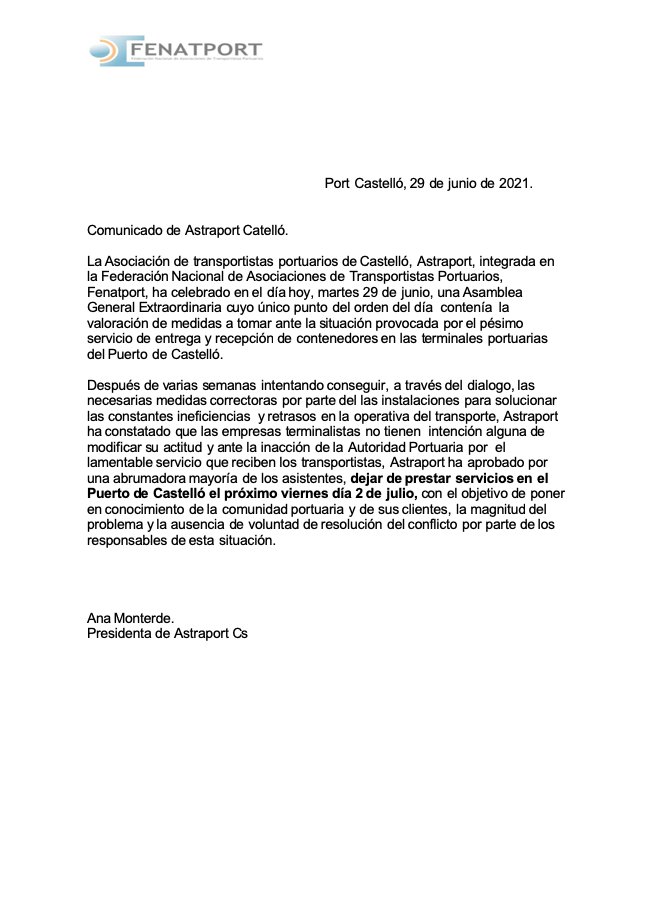 .<a href="/Astraport_CS/">Astraport Castelló.</a> anuncia un paro en <a href="/portcastello/">PortCastelló</a>  el viernes 2 ante la inacción frente a las colas, <a href="/cadesum/">Cadena de Suministro</a> <a href="/autonomosenruta/">Autónomos En Ruta</a> <a href="/rutatransporte/">Ruta del Transporte</a> <a href="/Diariodetransp2/">@Diariodetransporte</a> <a href="/diariodelpuerto/">Diario del Puerto</a> <a href="/veintepies/">veintepies</a> <a href="/ElMercantilcom/">El Mercantil</a> <a href="/diarioelcanal/">El Canal Marítimo y Logístico</a> <a href="/EPCValenciana/">Europa Press Comunitat Valenciana</a> <a href="/EFE_CValenciana/">EFE C. Valenciana</a> <a href="/TransporteNews/">TransporteNews</a> <a href="/PuertosEstado/">Puertos del Estado</a>