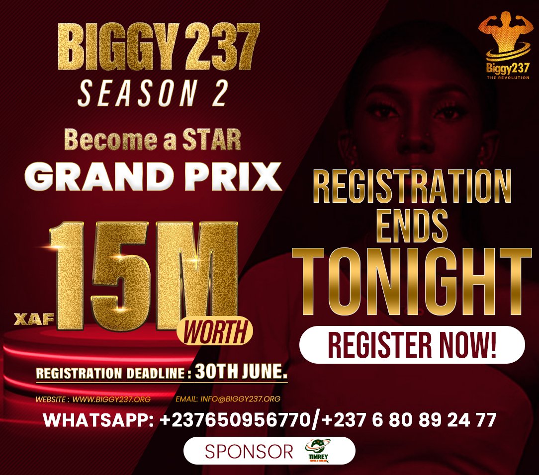 Biggy_studios's tweet photo. This is your LAST CHANCE🔊📣
Biggy 237 season2 REGISTRATION ENDS TONIGHT at 11:59pm.
https://t.co/6tRnUKbz3f
...........
🚨If you applied online and still to submit your video, photos and admin fee, you have till midnight to do soo.
#biggy237 #Therevolution #cameroon #timrey https://t.co/A8aweyMt6w