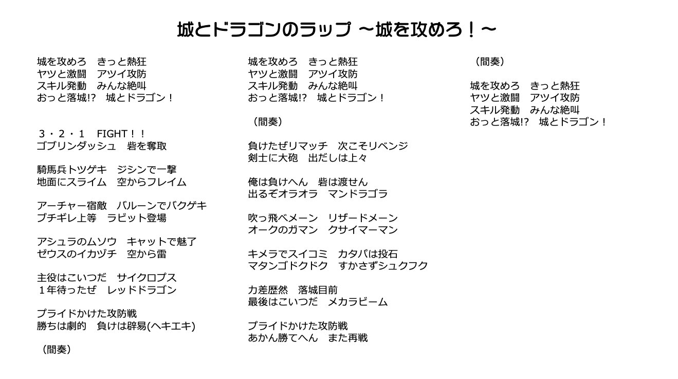 西くぼアナ On Twitter: "ゲーム内Bgmに西くぼアナが歌ったラップ3曲が収録されました！！すごい！！嬉しい！！✨ すでに、ラップをBgmにすると「集中できない」「負ける」「責任取れ」という嬉しい感想も😊笑  せっかくなので歌詞を投稿しますので、#城ドラ 内でBgmに設定 ...