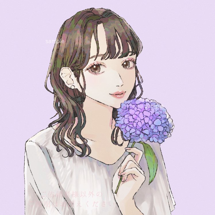 1girl flower solo holding holding flower brown eyes brown hair  illustration images