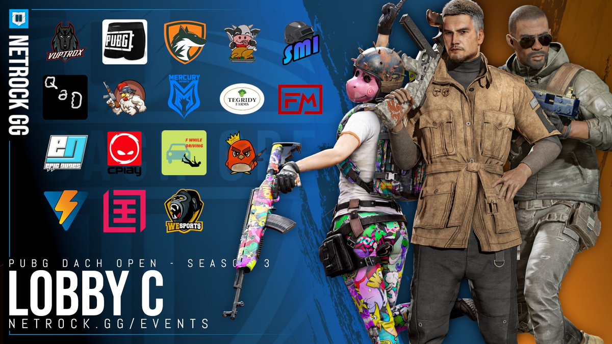 ℹ️ PUBG Dach Open Season 3 TEAMS ℹ️

🪂 Zum Abschluss Lobby C!
<a href="/CPLAYgg/">CPLAY</a> @WeSports_de @TeamDeftFox <a href="/MERCURYesports/">MERCURY</a> @1337Frankfurt <a href="/EPICDUDESGAMING/">DIE DUDES</a> <a href="/vuptrox/">Vuptrox</a> 

⏱ Wir sehen uns um 19:00 Uhr!🤩
📺 twitch.tv/netrockgg 📺
💰 3.000€ Preisgeld
🎙 <a href="/Caster_Oli/">Oliver Brunner</a> &amp; @Mrsummusic