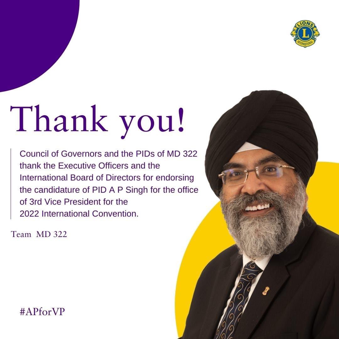 #APforVP
Heartiest to PID Lion A.P. Singh sir for the Well Deserved Endorsement.
<a href="/lionsclubs/">Lions International</a> #LionsClub #WeServe #WeServeAndProtect #KindnessMatters #LCICon2021