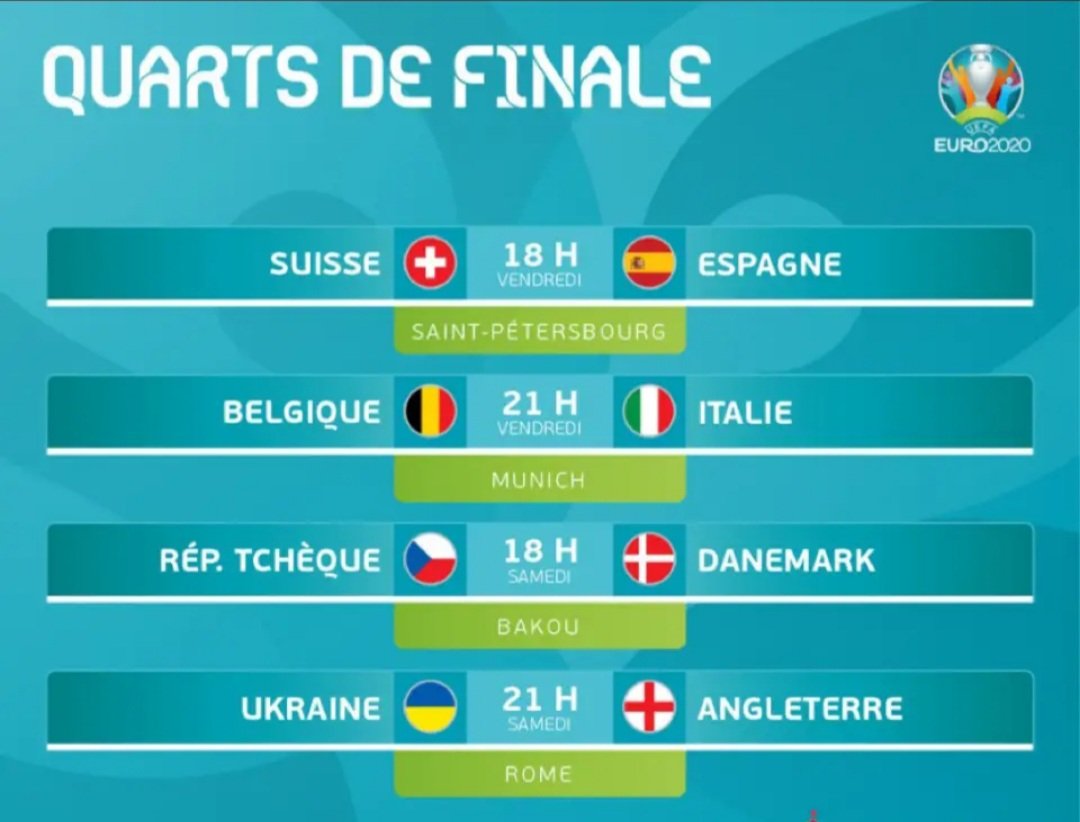 wolfbetwin's tweet photo. #EURO2020 

Voici le tableau des quarts de finale. Les bleus sont sortis mais #Wolfbet est toujours dans la partis. Rendez-vous vendredi ! 🤑  #TeamParieur  #ParionsSport #Pronostics https://t.co/zAYUK4VVLm