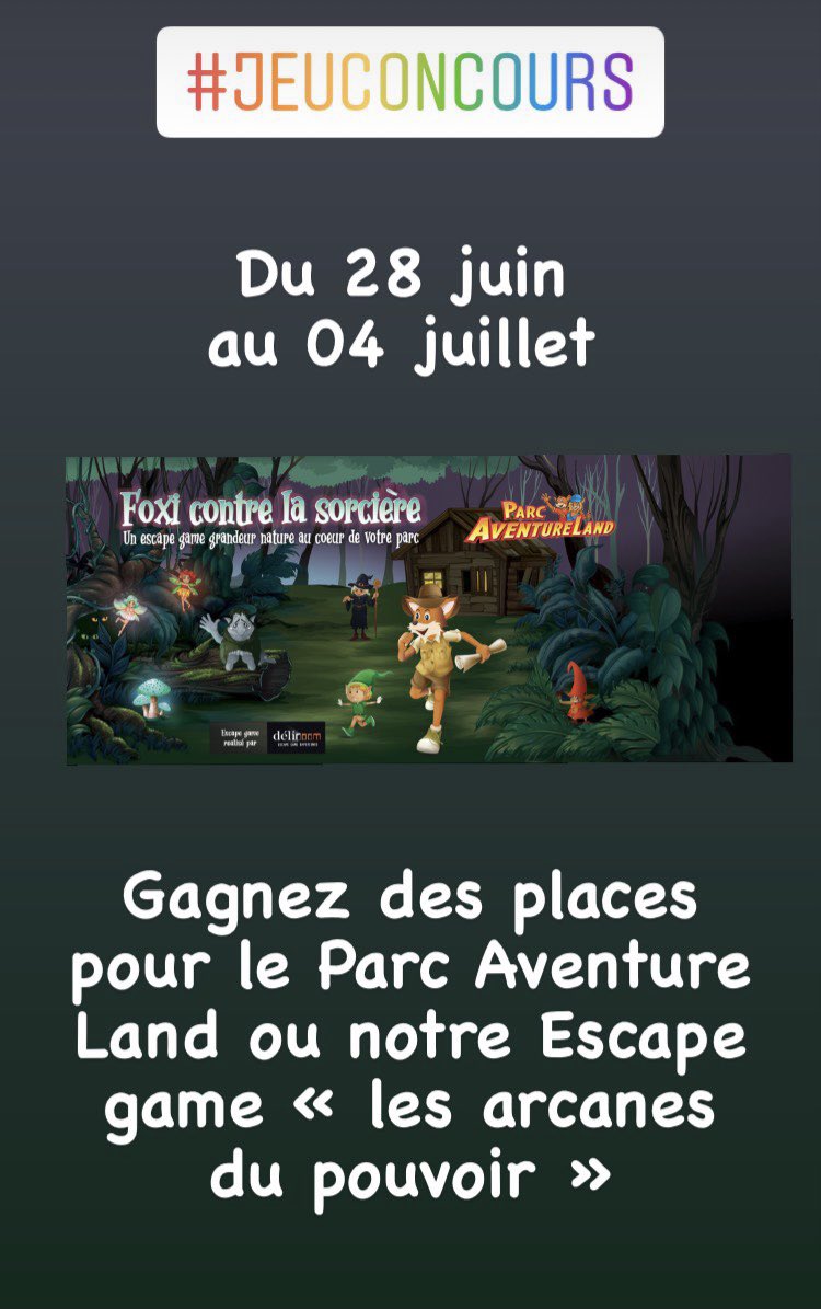 En ce moment sur notre page Instagram! #jeuconcours ouvert du 28 juin au 04 juillet 2021 pour #gagner des places au Parc <a href="/AventureLand/">Aventure Land</a> ou pour notre salle d’#escapegame « les arcanes du pouvoir »
Tentez votre chance!

#jeu #sortir #loisir