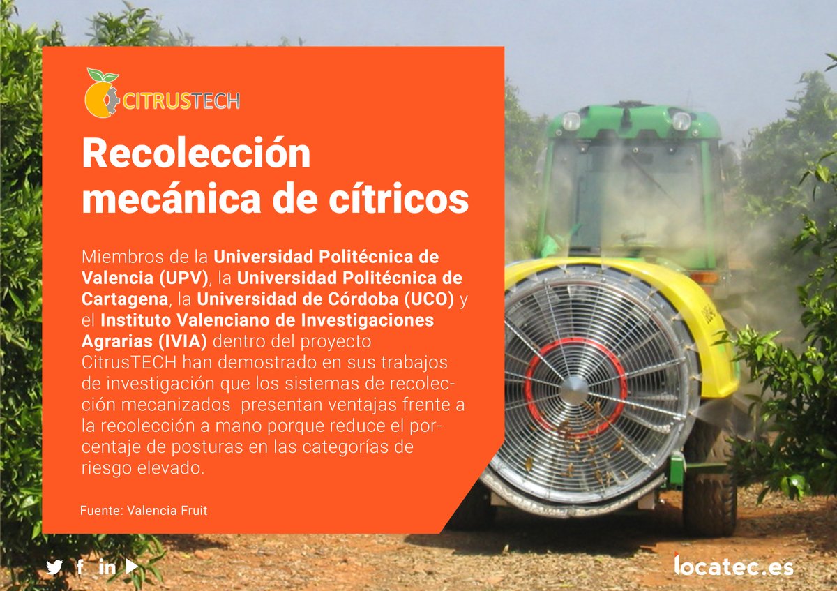 Locatec Soluciones Informáticas (@locatecapps) on Twitter photo 🚜🍊Miembros de <a href="/UPV/">Universitat Politècnica de València</a>, @UPCTnoticias, <a href="/Univcordoba/">Universidad Córdoba</a> e <a href="/GVAivia/">IVIA</a>, en el proyecto europeo <a href="/gocitrustech/">Proyecto CITRUSTECH</a>, han expuestos los resultados prometedores de aplicar una recolección mecanizada de #cítricos.
<a href="/LocatecApps/">Locatec Soluciones Informáticas</a> desarrolló la web del proyecto y conocemos la importancia de su labor. 🚜🍊Miembros de <a href="/UPV/">Universitat Politècnica de València</a>, @UPCTnoticias, <a href="/Univcordoba/">Universidad Córdoba</a> e <a href="/GVAivia/">IVIA</a>, en el proyecto europeo <a href="/gocitrustech/">Proyecto CITRUSTECH</a>, han expuestos los resultados prometedores de aplicar una recolección mecanizada de #cítricos.
<a href="/LocatecApps/">Locatec Soluciones Informáticas</a> desarrolló la web del proyecto y conocemos la importancia de su labor.