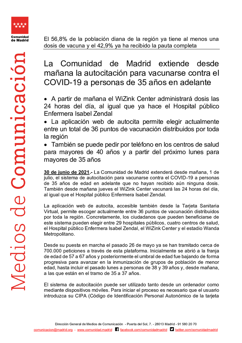 SaludMadrid's tweet photo. La @ComunidadMadrid extiende desde mañana la autocitación para vacunarse contra el #COVID19 a personas de 35 años en adelante

#Coronavirusmadrid #Madrid #VacunaCOVID19 https://t.co/sWf6KwkbqD