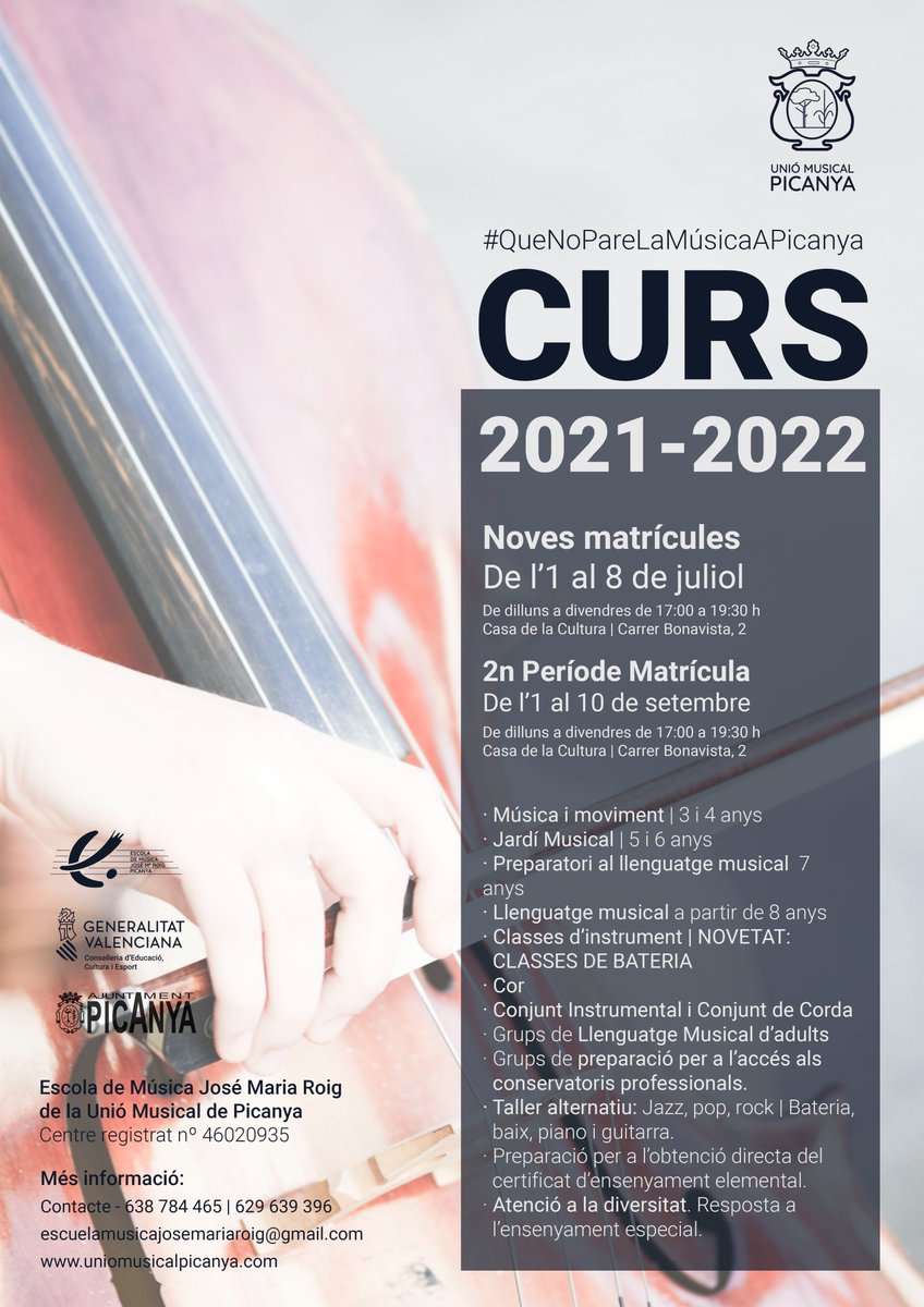 Demà comença el període de matriculació del nou alumnat de l'Escola José María Roig Picanya per al proper curs! 🎷🎺🎹🎶

#QueNoPareLaMúsicaAPicanya #UnióMusicalPicanya #UMPicanya #EscoladeMúsicaJMRoig #EscoladeMúsicaPicanya #Picanya #Music