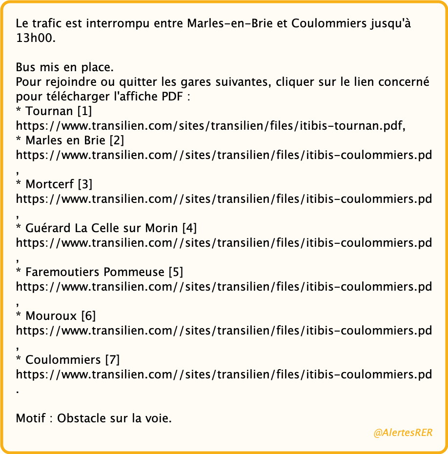 AlertesRER's tweet photo. 🚨Ⓟ - OBSTACLE SUR LA VOIE

Ligne P : Marles en Brie - Coulommiers interrompu

☞ Ligne P : Marles en Brie - Coulommiers interrompu

#LigneP
(SNCF - 30/06/21 10:46) https://t.co/VRviLZDX6C