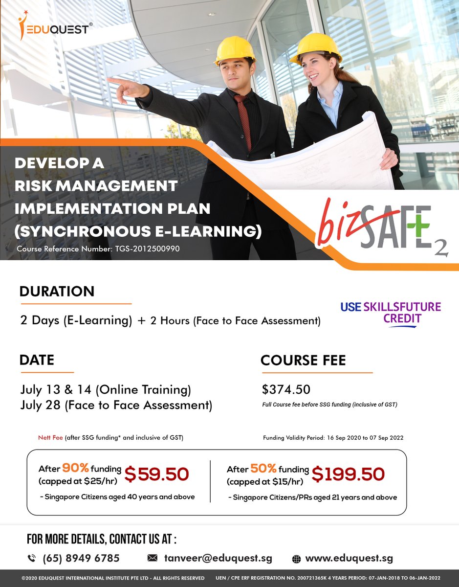 Eduquestsg's tweet photo. Register Your Interest ! 
bizSAFE level 2 training on 13 - 14 July followed by a face to face assessment on 28 July. Upto 90% SSG funding.
https://t.co/QrI3kdzY9z
#training #risk #workplacehealthandsafety #management #riskmanagement #bizSAFElevel2 #singaporeupdates #bizSAFE. https://t.co/DN1Ikygt8A