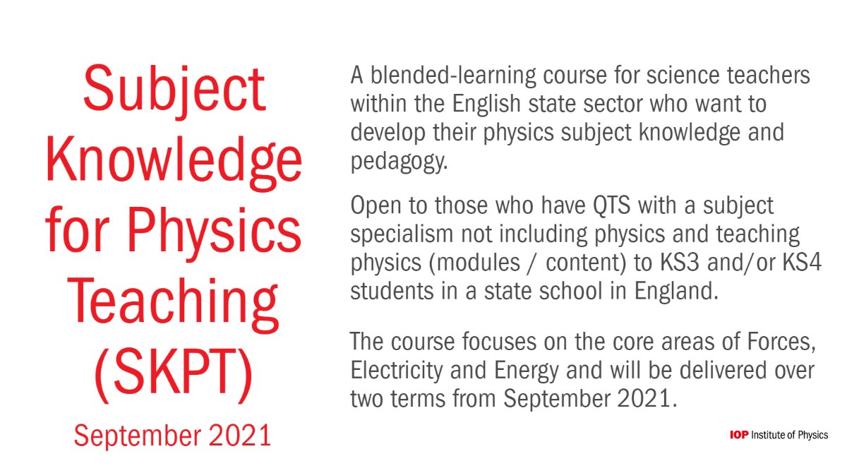 From September 2021, the IOP will be running a substantial DfE funded pilot programme for eligible teachers in English schools, helping them to develop the knowledge and skills to teach physics with confidence.

Learn more &amp; sign up 👉talkphysics.org/events/skpt21-…

#TeachPhysics