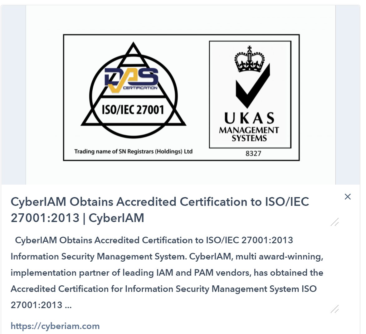 CybrIam's tweet image. We are happy to announce that CyberIAM has obtained the Accredited Certification to ISO 27001:2013. 

Being accredited by @isostandards is a result of CyberIAM’s commitment to offering our clients market-leading solutions.

hubs.ly/H0RhbjG0