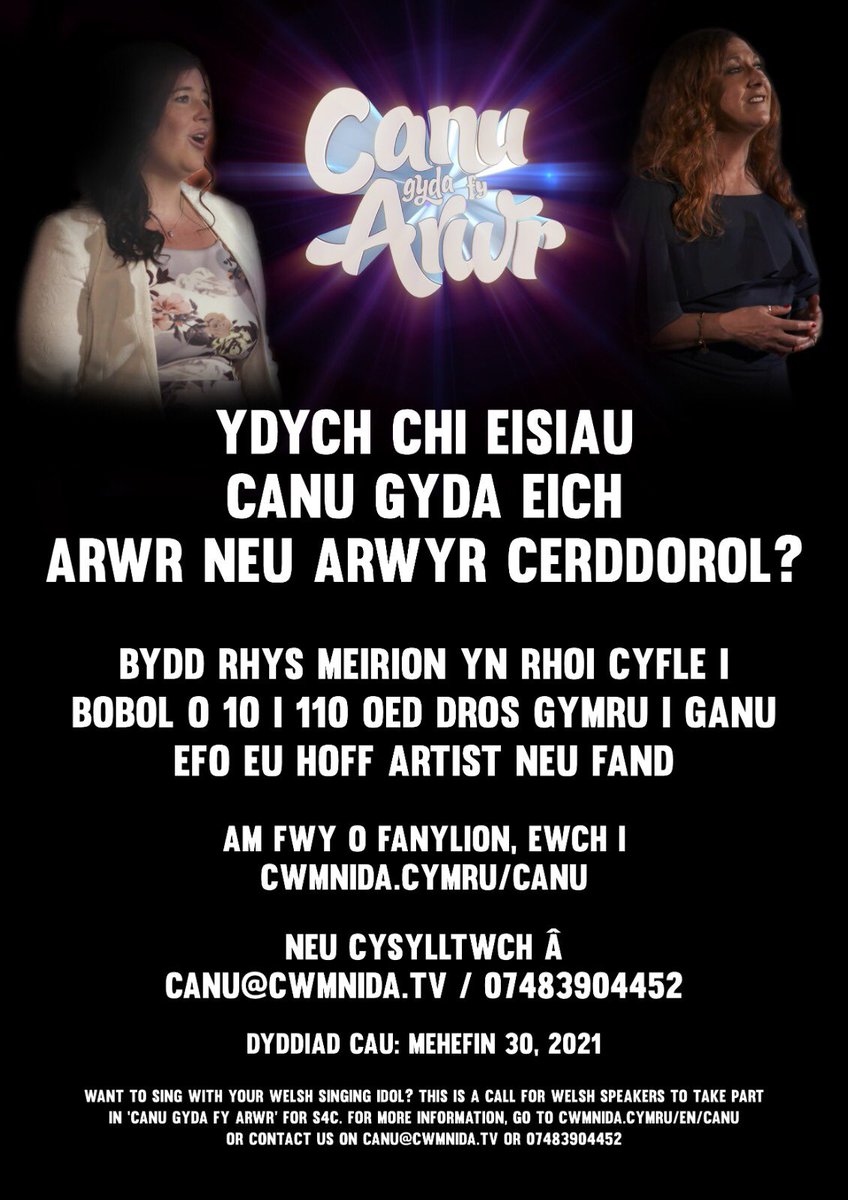 Os da chi dal ddim wedi wneud cais, heddiw ydy’r ddiwrnod cau! Profiad anhygoel, cer amdani! #CanyGydaFyArwr  <a href="/CwmniDa/">Cwmni Da</a> <a href="/siwanhaf/">Siwan Haf</a> <a href="/RhysMeirion/">Rhys Meirion</a> <a href="/RealShanCothi/">Shân Cothi</a> <a href="/rhys_lloyd/">R_lloyd</a>  <a href="/music_wyn/">Catrin Wyn Music</a> @RobatArwyn <a href="/elinfflur/">Elin Fflur</a> <a href="/Rhyselen/">Elen Rhys</a> <a href="/dafyddiwan/">Dafydd Iwan</a> <a href="/S4C/">S4C 🏴󠁧󠁢󠁷󠁬󠁳󠁿</a> #Canu 🎵 🎶 🏴󠁧󠁢󠁷󠁬󠁳󠁿