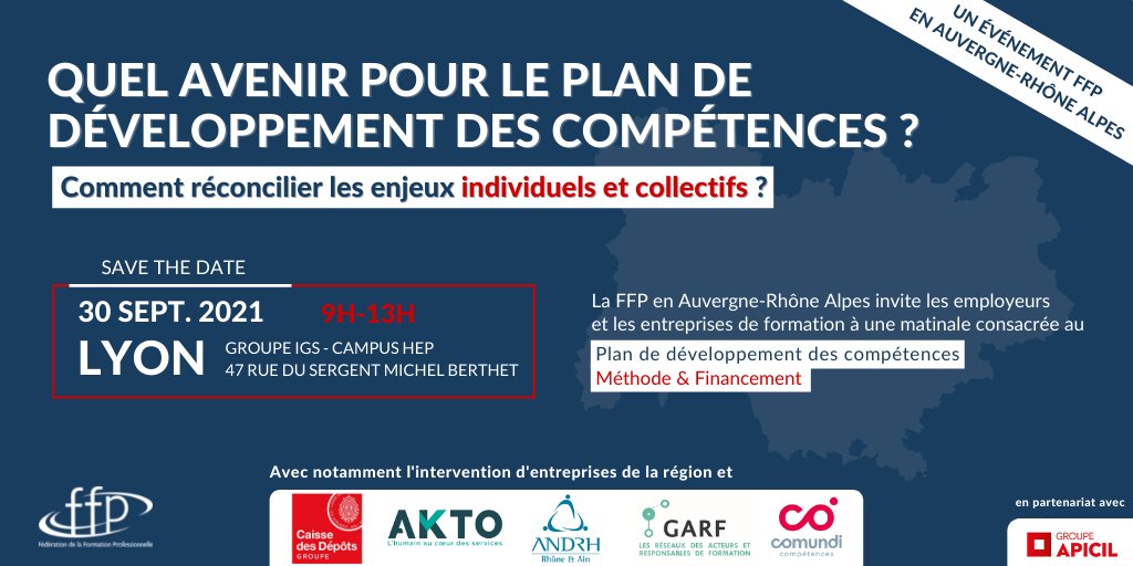 La FFP AURA invite les employeurs &amp; les entreprises de formation à une matinale consacrée au Plan de développement des compétences : méthode et financement. Nous vous donnons rendez-vous le 30/09/2021 de 9h à 13h à Lyon. Les inscriptions ouvriront à la rentrée, restez connectés !