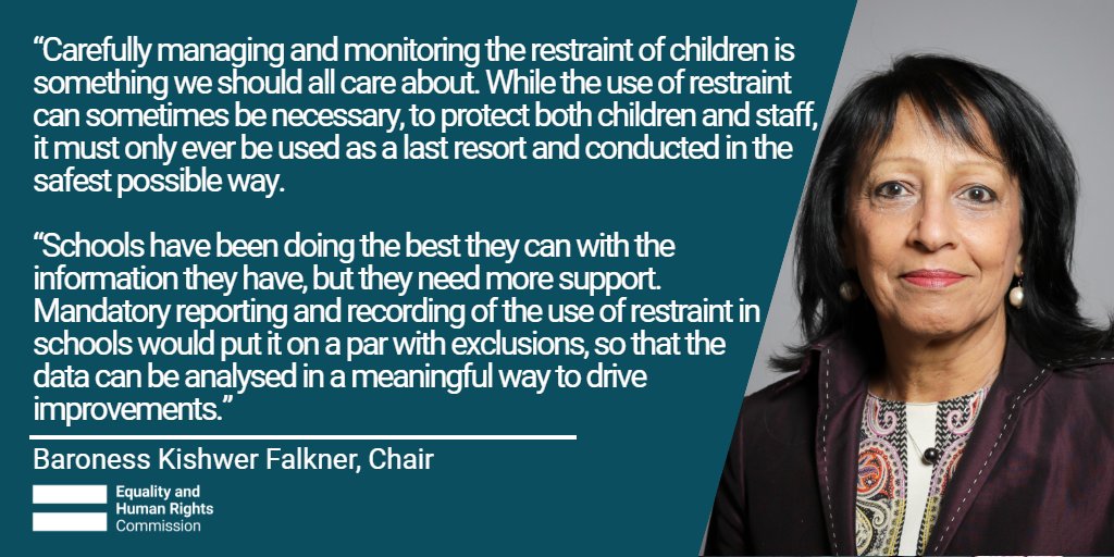 EHRC's tweet image. Our latest inquiry found that a lack of clear guidance on what to record leads to uncertainty for schools and a lack of transparency for parents and carers about why, where, when and how often children are being restrained while at school. 

Read more ➡️ orlo.uk/Dr7r3