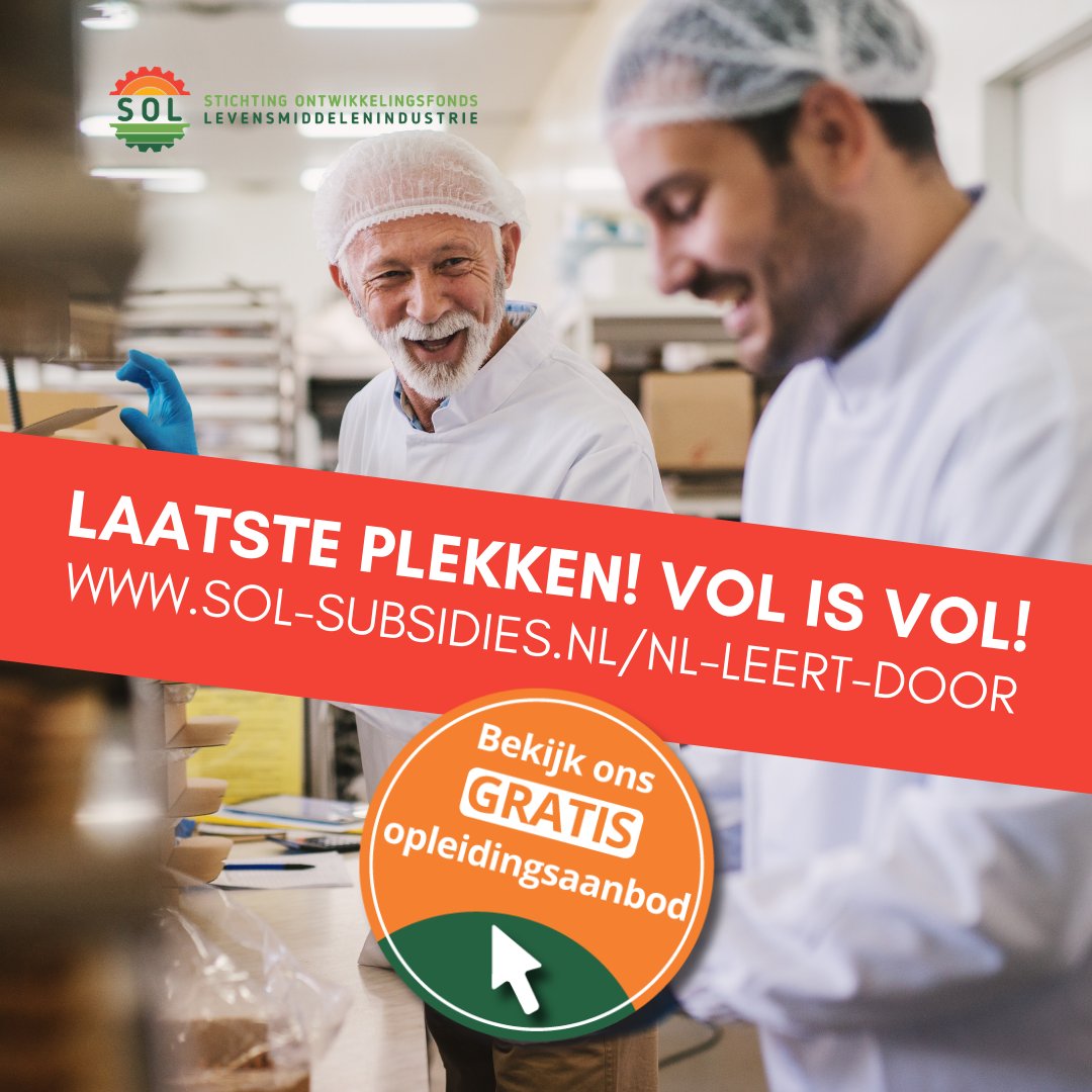 Jouw medewerkers de gelegenheid bieden om te blijven leren &amp; ontwikkelen? Dat kan m.b.v. ons GRATIS opleidingsaanbod voor de AgroFood. LET OP: Er zijn nog maar een paar plekken beschikbaar! Wacht niet langer en schrijf je medewerkers in! sol-subsidies.nl/nl-leert-door #nlldagrofood