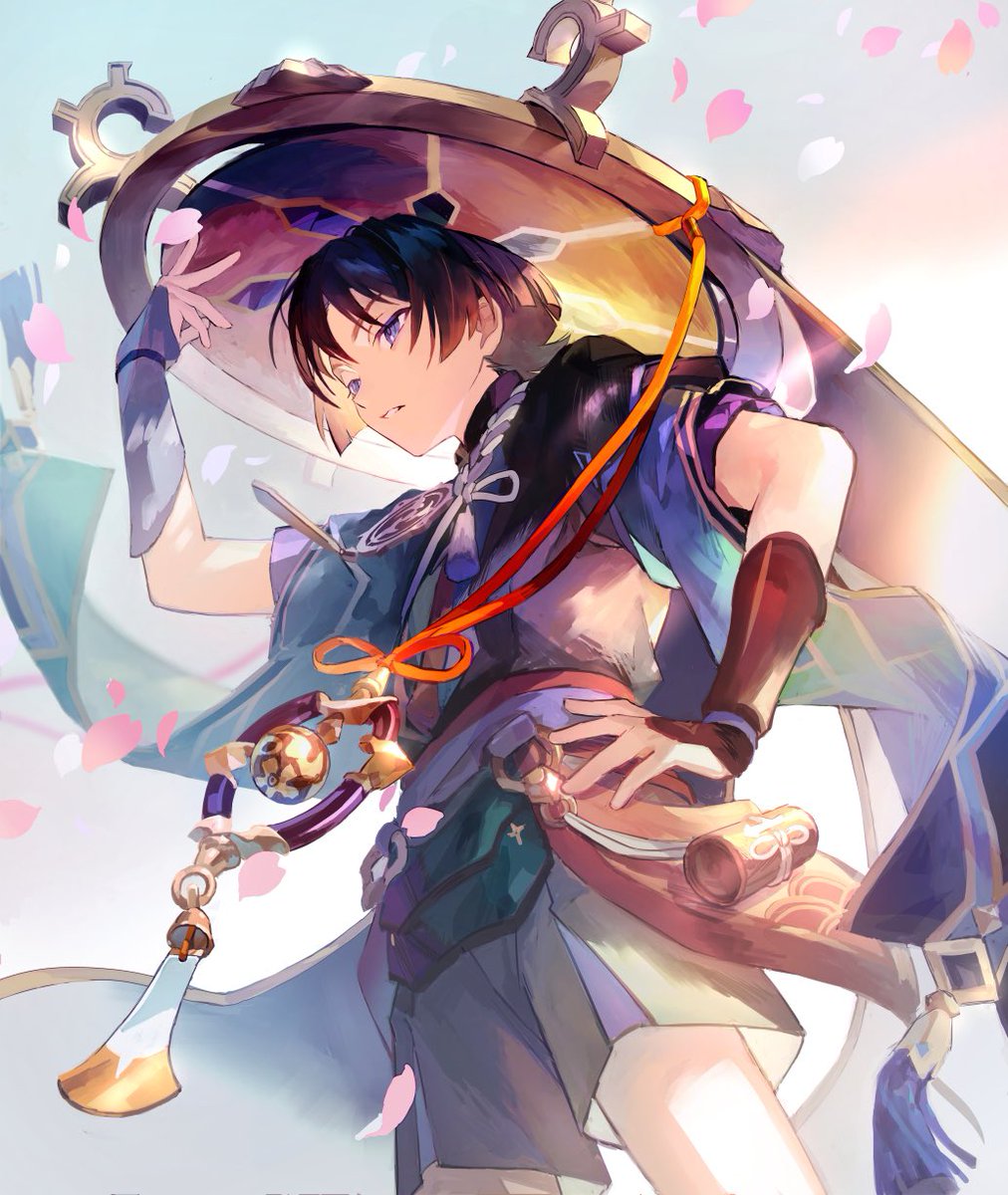 scaramouche (genshin impact) 1boy male focus hat solo jingasa shorts japanese clothes  illustration images