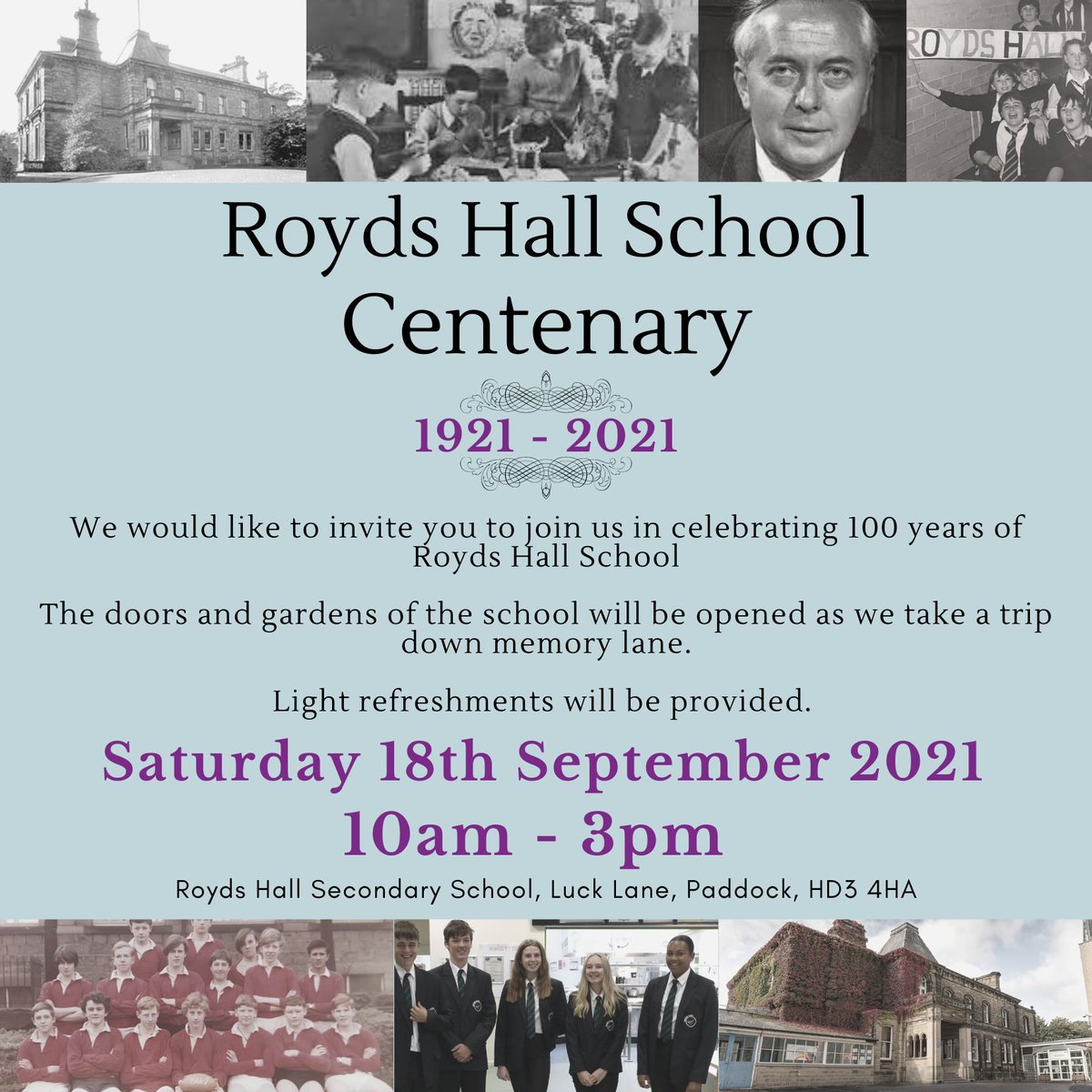 Royds_Hall's tweet photo. Date for you diary! We hope you can join us to celebrate 100 years of Royds Hall School. The grounds will be opened on Saturday 18th September from 10am until 3pm. Further details of the day to follow. https://t.co/c5TvdOb2Hv