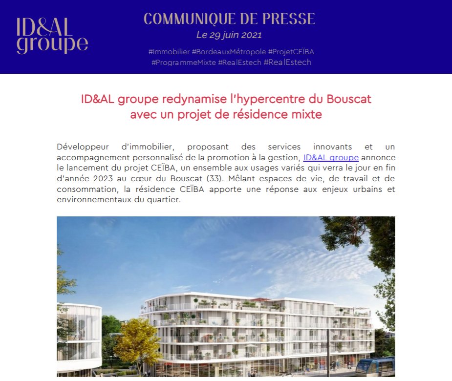 En 2023, notre projet CEÏBA verra le jour pour répondre aux nouveaux enjeux urbains et environnementaux de la ville du Bouscat (33) en mêlant espaces de vie, de travail et de consommation.

👉Pour en savoir + sur le projet : bit.ly/3qBmDfZ

#logement #immobilier