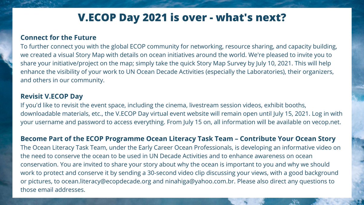 The #ECOPDAY21 is over!

and what's next? 

➡️You have various possibilities to stay with us: #Connect with other ECOPs from the community, revisit the event or share your own #OceanStory with the Ocean Literacy Task Team 💙

so stay tuned! 
More information will follow.. 😉