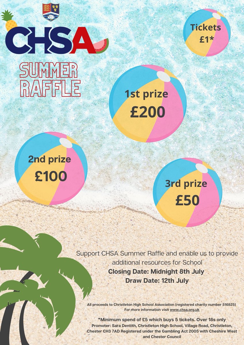 ChristletonHS's tweet photo. Have your purchased your CHSA Summer Raffle tickets? 🌞🎟️
You have until midnight on Thursday to be in with a chance of winning one of three prizes! You must be 18 or over to enter. Tickets can be purchased via ParentPay 👉 https://t.co/PBgUaYOzAK. https://t.co/Hk4hpfsnNZ