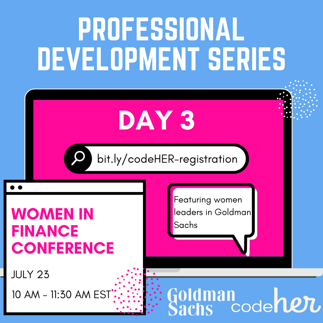 codehergirls's tweet photo. Hear from women leaders in #GoldmanSachs on how women can break into the finance industry, how to conquer challenges faced by #women in finance, women's #leadership in #finance, &amp; tips for succeeding.

Register today at https://t.co/LNPwkFcahk. Applications are due July 5, 2021. https://t.co/jbn1xqZdgt