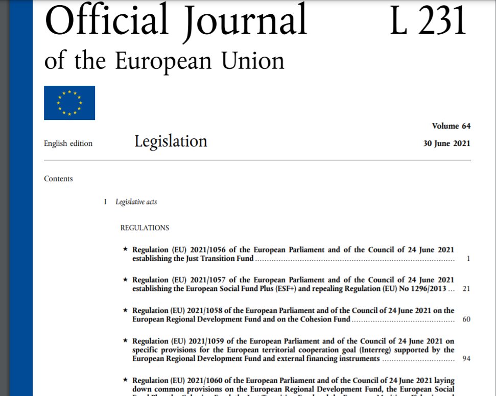 🇪🇺 #CohesionPolicy package 2021-2027 now published in the Official Journal ➡ europa.eu/!d4XRWX

❗ Entry into force: 1 July 2021

✅ Just Transition Fund
✅ ERDF
✅ ESF+
✅ Cohesion Fund

€330bn to reduce disparities while boosting the green and digital transition.