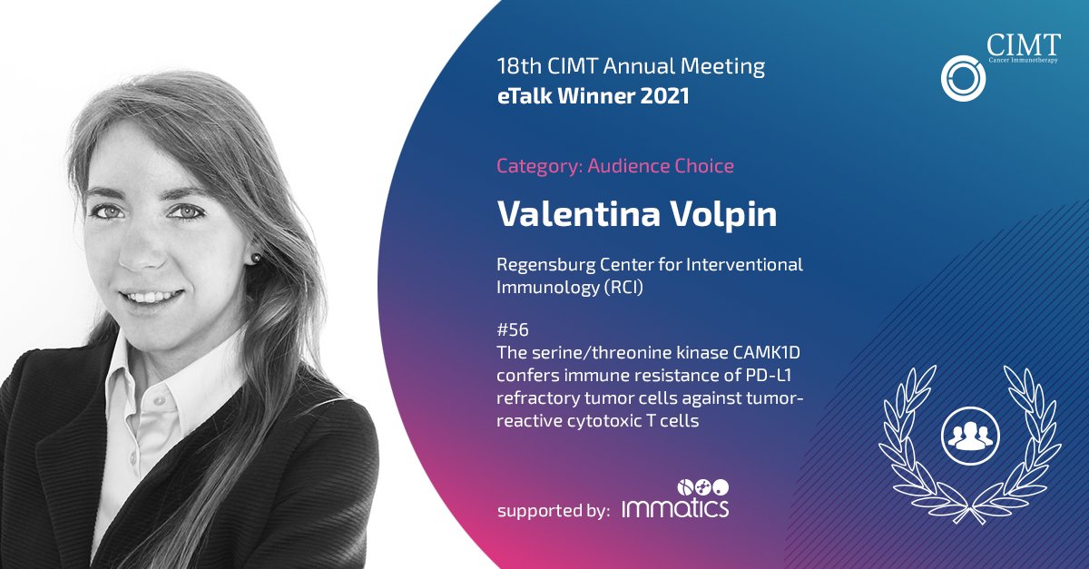 Valentina Volpin of RCI Regensburg identified novel genes in tumors which play role in resistance to T cell mediated killing in PD-L1 refractory human tumors using a high throughput RNAi screening. Learn more? Watch her award-winning #CIMT2021 eTalk. bit.ly/3jsYS8D