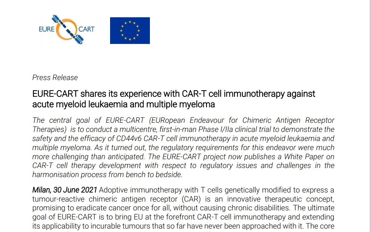 EURECART_EU's tweet photo. ๐ข #PressRelease out! -> After 4,5 years of #reserach, #EURECART shares its experience on #CARTcellTherapy development with respect to regulatory issues and challenges in the harmonisation process from bench to bedside. #AML #multiplemyeloma
๐งฌ๐ฌ๐ฐ๐https://t.co/qyMbd4UHlj https://t.co/PfjEiqw6jB