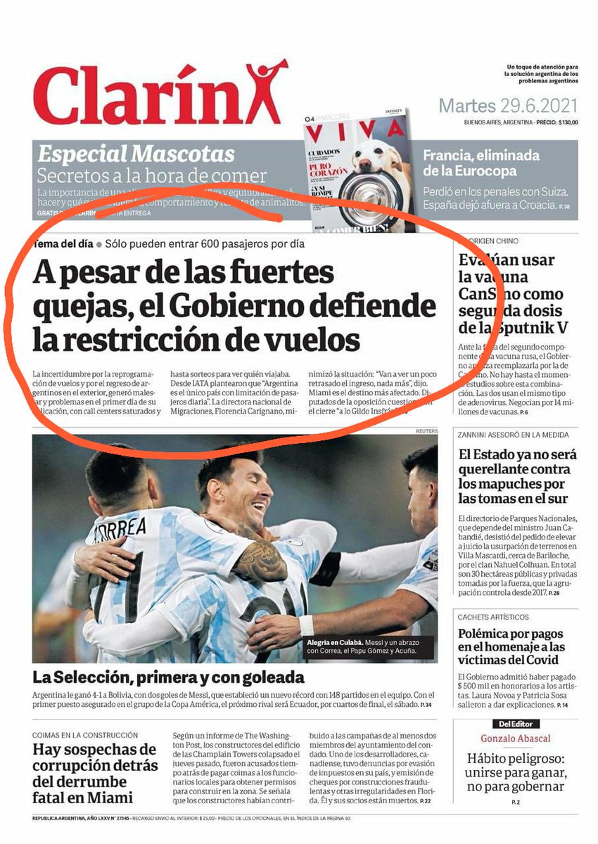 PERIODlSTAPERON's tweet photo. Lunes, martes y miércoles: tres días seguidos el título principal de tapa dedicado a unos pocos tipos que viajaron como si no hubiese pandemia y ahora tienen que esperar unos días más para volver. Los 45 millones que nos quedamos acá no existimos. 🤷🏻‍♂️ https://t.co/dZ9uy6l1ZJ