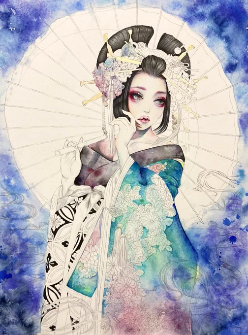 まだまだ下塗り🎨

白い紙の中にボンヤリ形が浮き出てくるのを見るのはとても嬉しい瞬間✨

墨と透明水彩、塗る時に水を使うもの同士とても相性がいいと思います

#透明水彩 
#ガチ制作会 #wip 