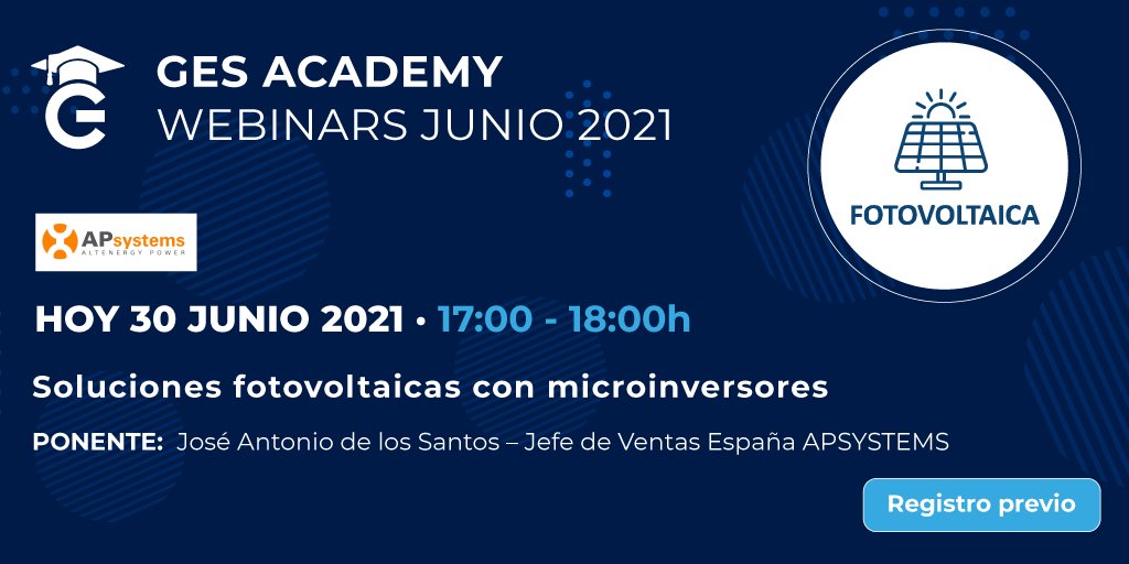 ElectroStocks's tweet photo. #GESAcademy | Hoy 30/06 a las 17h, José Antonio de los Santos, Jefe de Ventas España de @apsystemscorp , será el ponente del Webinar sobre “Soluciones fotovoltaicas con microinversores”, dentro del ciclo de formaciones de Junio.⬇️
https://t.co/rFazGvtm4u
¡Súmate al #AzulGES! https://t.co/qX3J0tjUMd