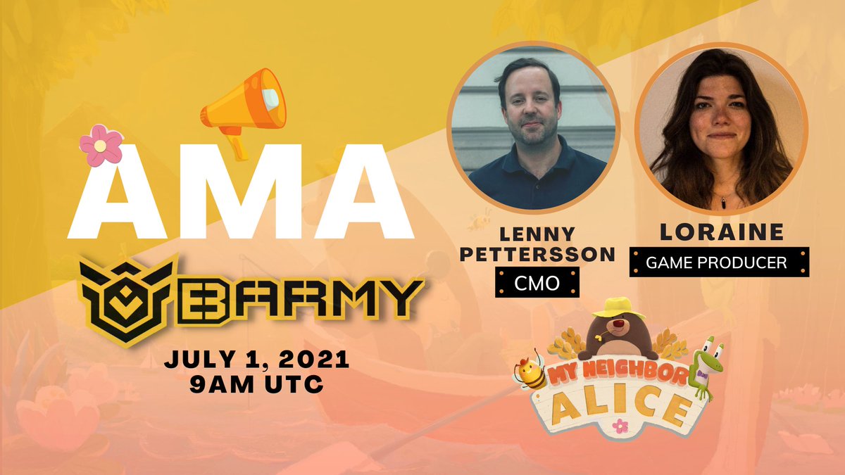 MyNeighborAlice's tweet image. Get a chance to ask our CMO @LennyPettersson and Game Producer Loraine as @BARMY_Official holds a live video AMA on YouTube! 🗣

🗓 July 1, 2021 THURSDAY
⏰ 09:00 AM UTC
📍 youtu.be/vV30bV-YHM8

Don’t forget to click “Set Reminder” so you won't miss it 💪🏼